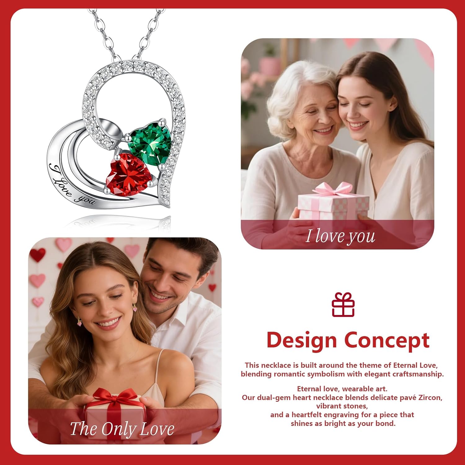 Double Birthstone Heart Necklace 0.8CT Dual-Gemstone S925 Sterling Silver Plated White Gold Engraved I Love You Perfect Anniversary/Valentine's Day Gift for Wife/Girlfriend/Mom/Daughter - Image 7