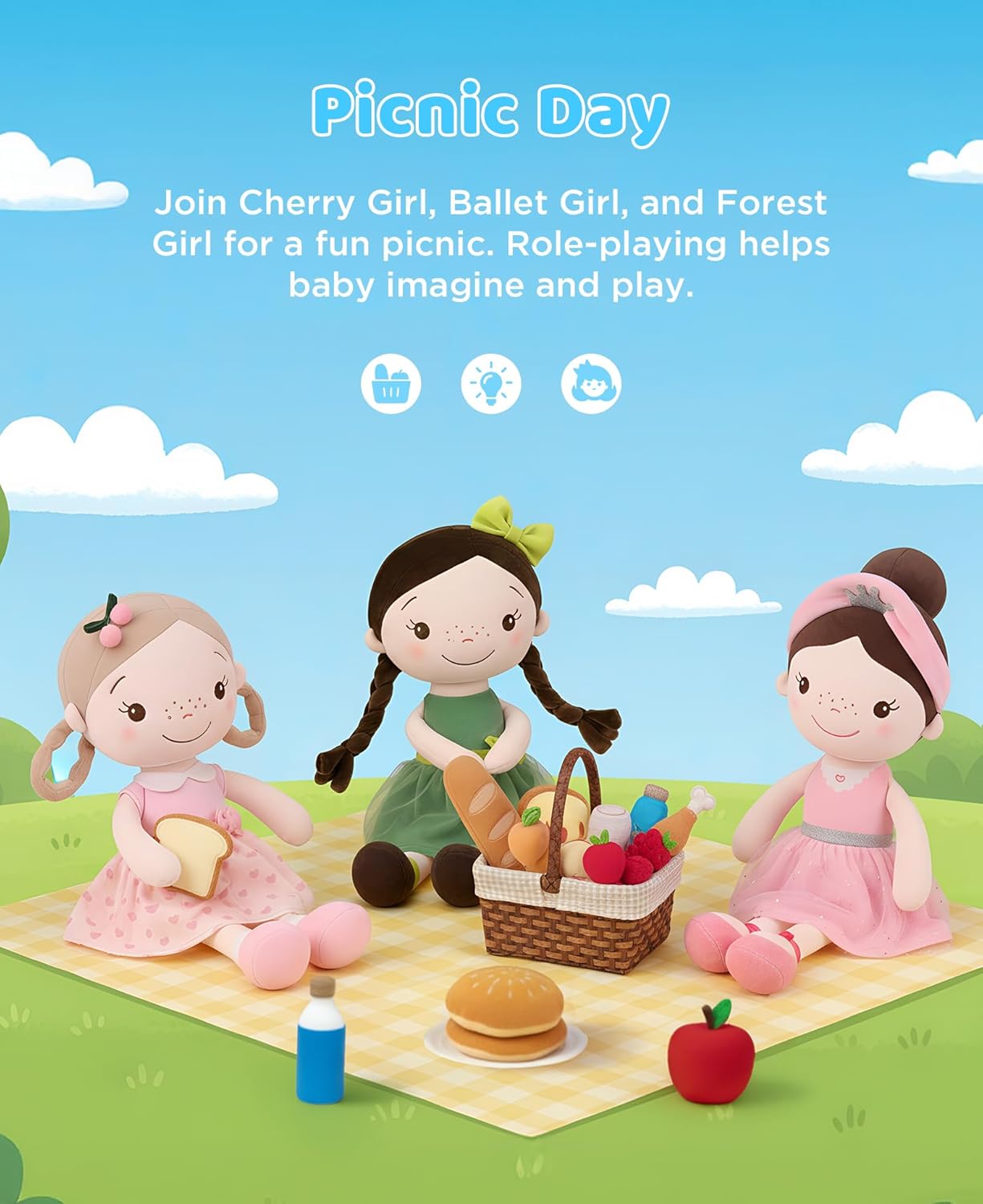 GAGAKU Soft Baby Doll Toys (16'') for Girls, My First Baby Rag Dolls for 1 Year Old Girl Birthday Gift Plush Doll Toys Machine Washable Baby Doll for Toddler Kids Infants - Cherry Girl