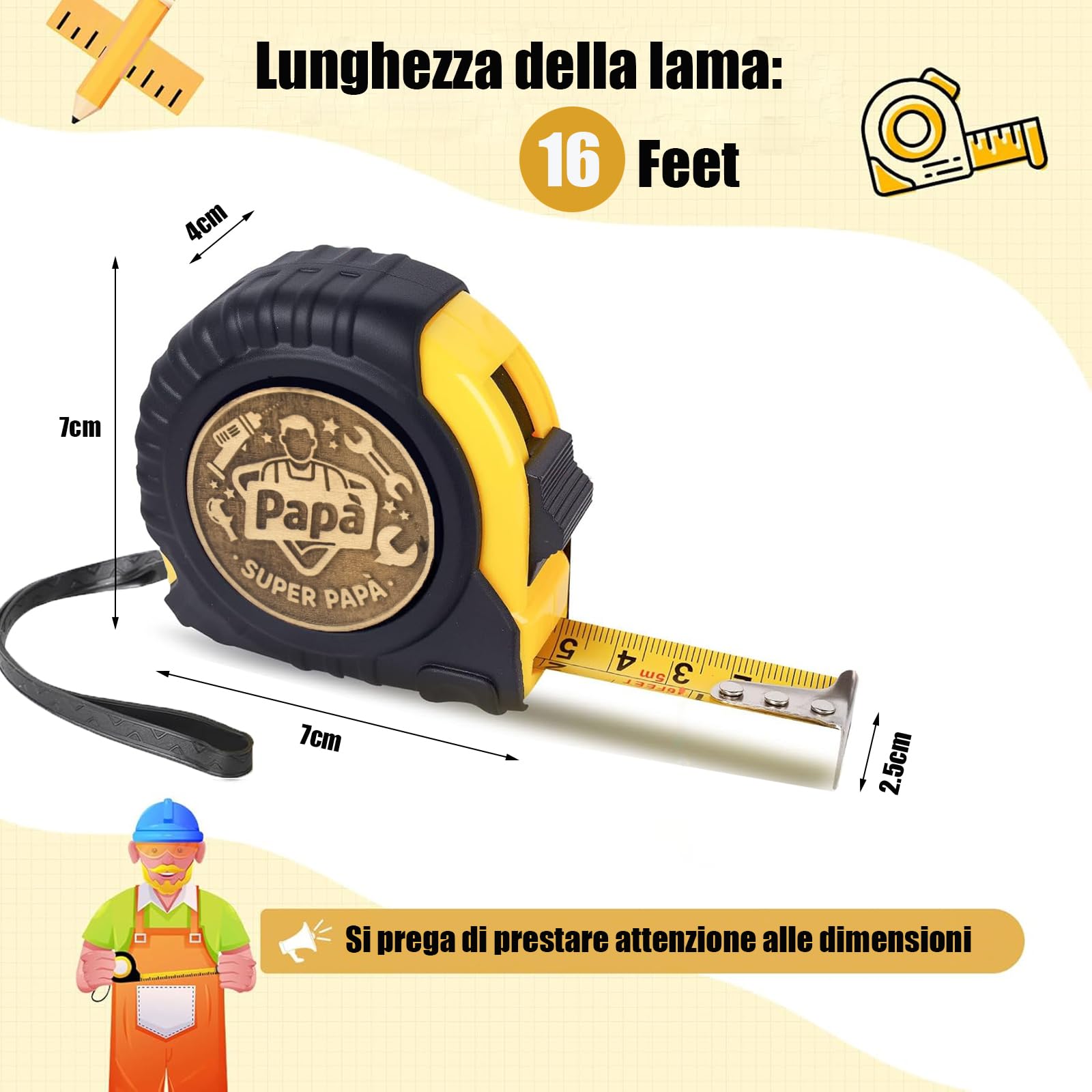 Regalo di laurea per la festa del papà, metro a nastro per papà, regalo di compleanno e Natale per papà, metro a nastro in vera pelle inciso da 5 metri e 25 mm, regalo per papà, giallo