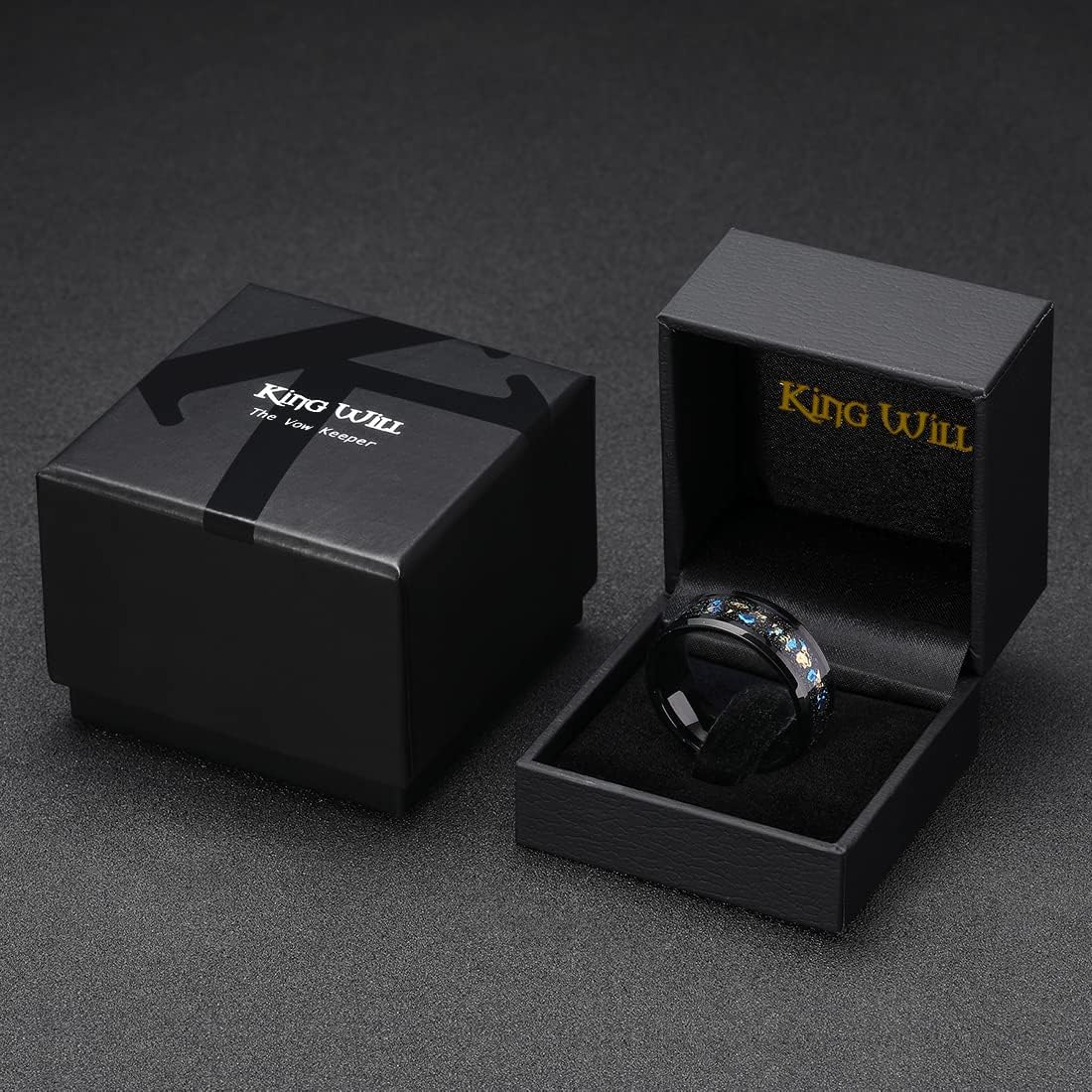 King Will Mens Wedding Band with Foils Inlay, Black/Silver/Gold Beveled Edge Glowstone Ring, 6mm/8mm Tungsten Carbide Rings Comfort Fit