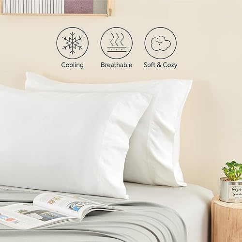 Miniatura 4 de BEDELITE Fundas de almohada refrescantes, rayón derivado del bambú, 2 fundas de almohada de tamaño King (blanco, 20 x 40 pulgadas)