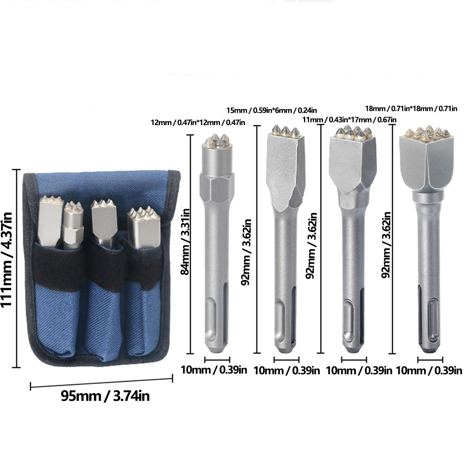 Set di Punte per Scalpello a Martello in Metallo Duro 4 Pezzi per Sgrossatura e Rimozione del Rivestimento del Calcestruzzo con Gambo Tondo a Doppia Fessura 3 4 6 9 Punte