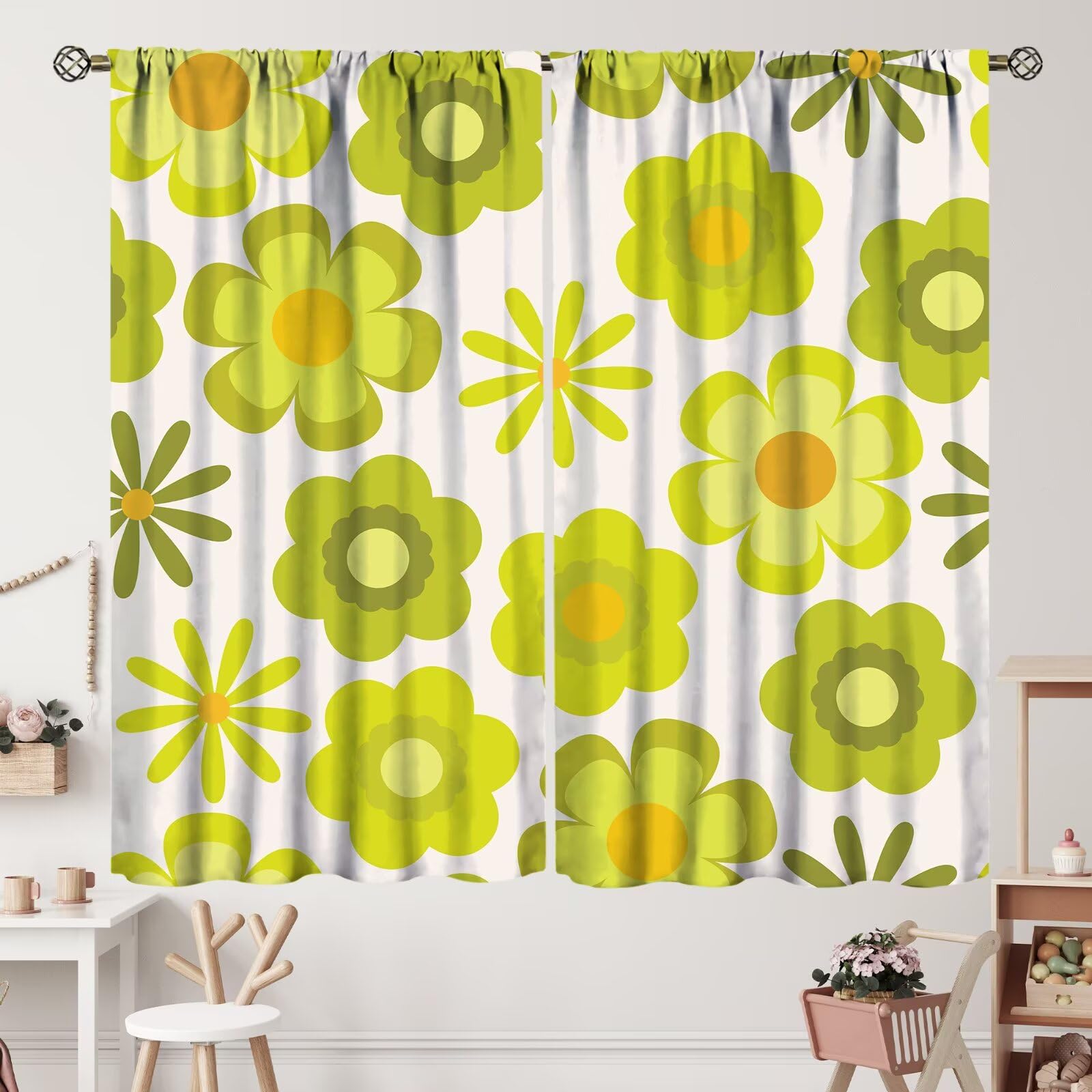 Zhirain Boys Style-31 70S Cute Floral Curtains Retro Groovy Yellow And Lime Green Flowers 1970'S 60'S Style Summer And Spring Rod Pocket Curtains For Bedroom Living Room Decor Window Drapes 2 Panel Set 42X45 Inch