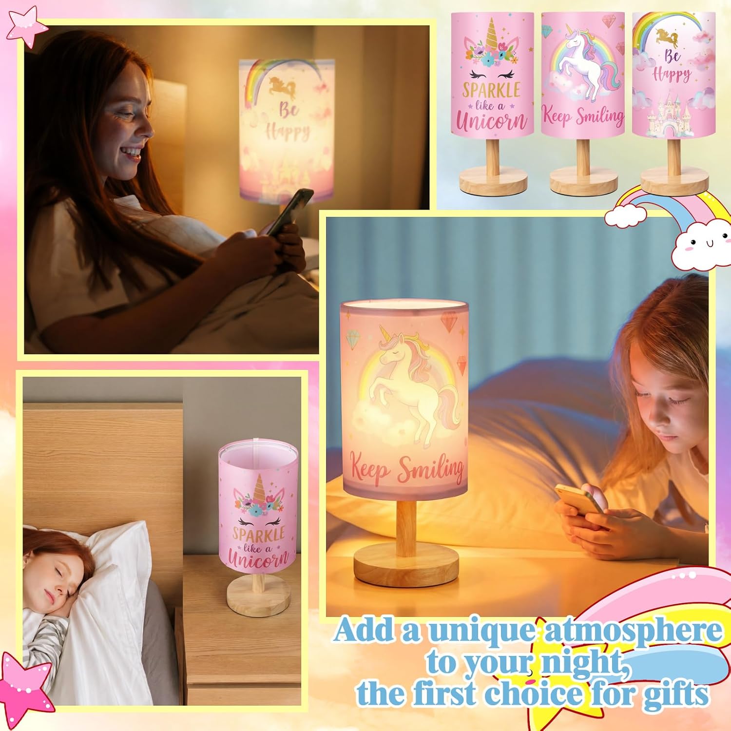 Tujoe 3 Pcs Interchangeable Unicorn Bedside Table Lamp Fabric Nightstand Table Lamp for Kids Room Desk Reading Bedroom Night Stand Decor Children's Birthday Christmas Gifts for Girls and Boys