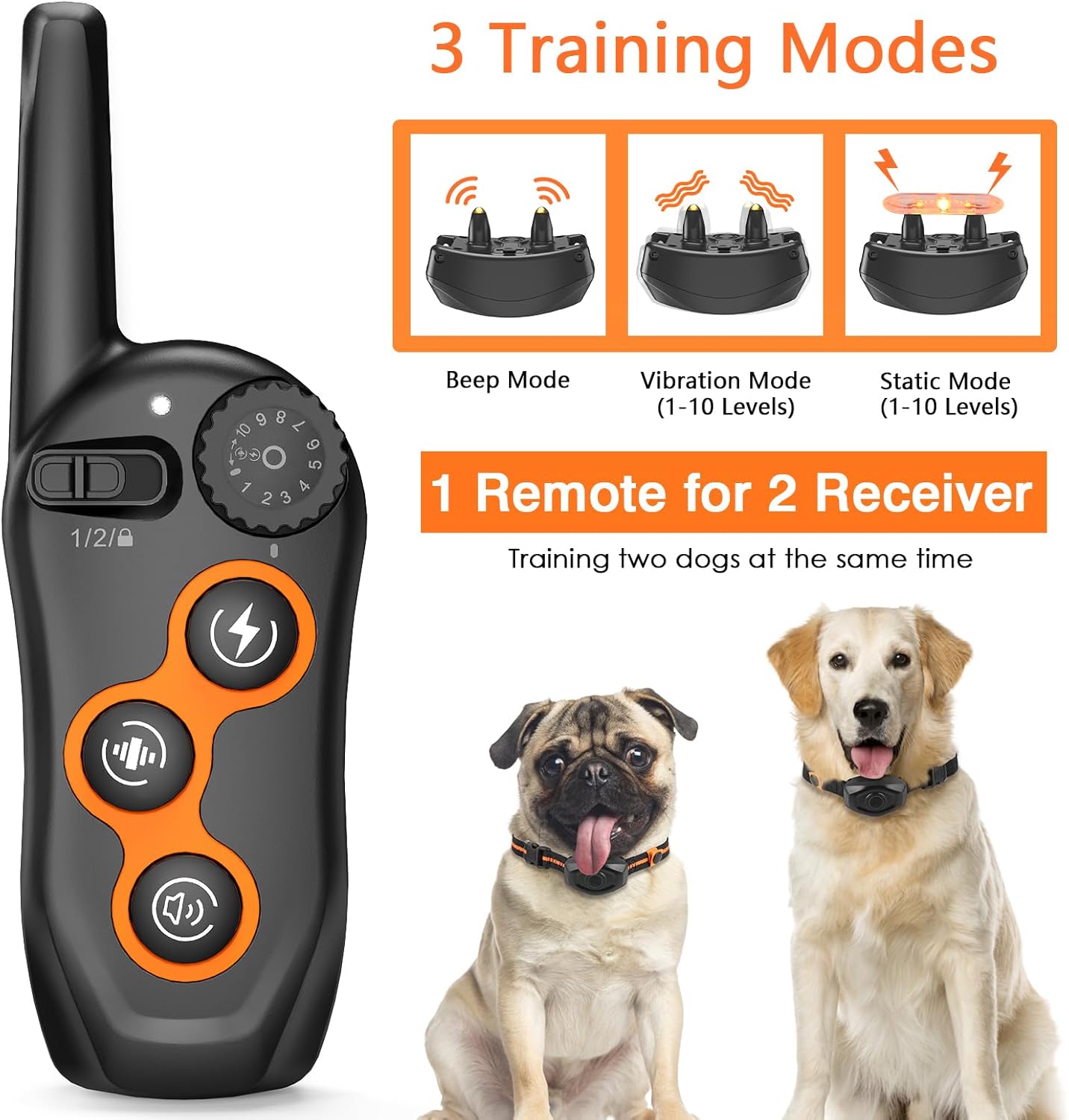 Dog Training Collar, IPX7 Waterproof Dog Shock Collar with Remote Range 1300ft, 3 Training Modes, Beep, Static, Vibration, Rechargeable Electric Training Collar for Small Medium Large Dogs