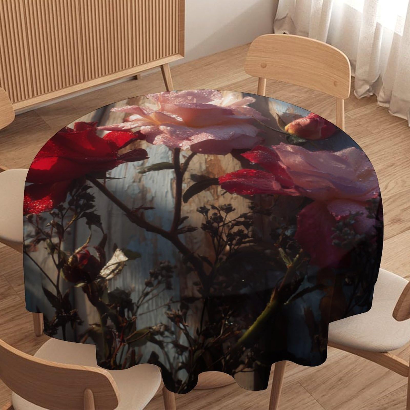 LUYYSKY Fantasy Abstract Red Roses Waterproof Round Tablecloth Classic Watercolor Wooden Board Botanical Roses Floral Washable Table Cover for Kitchen-127 Wx127 L cm