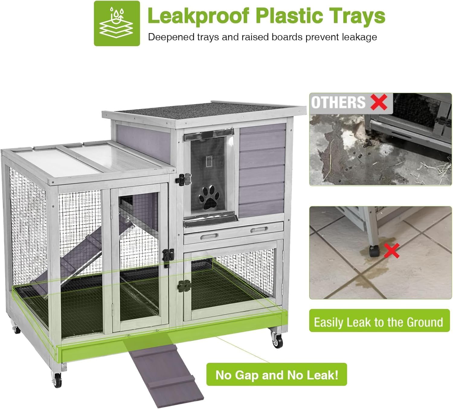 GUTINNEEN 40.6"L 2-Story Rabbit Hutch Indoor & Outdoor Guinea Pig Cage, Wooden Bunny House with Wire Mesh Floor, Leakproof Pull-Out Tray & Heavy-Duty Wheels, Small Animal Enclosure for Patio Backyard
