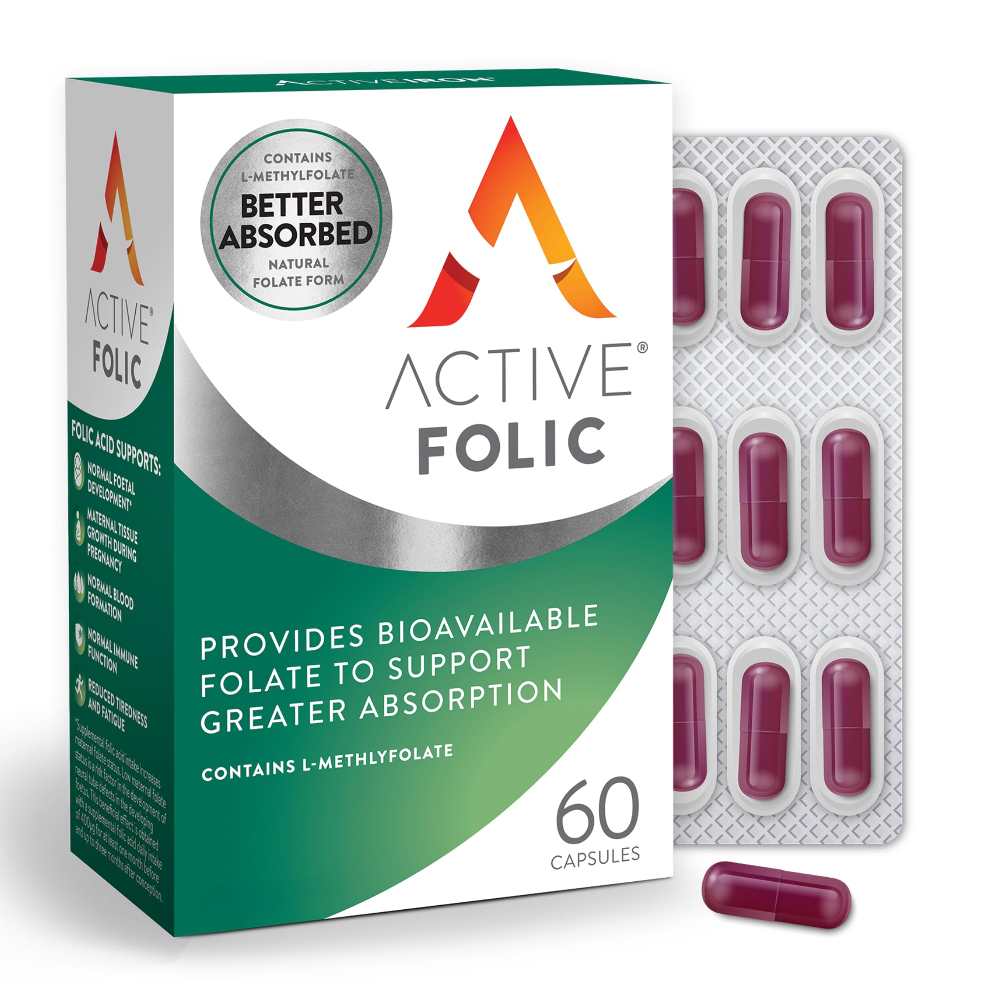 ACTIVEIRON Active Folic 400mcg – L-Methylfolate Folic Acid Supplement – Highly Absorbed, Vegan – Supports Pregnancy, Energy, Tiredness & Fatigue Reduction – 60 Capsules (2-Month Supply)