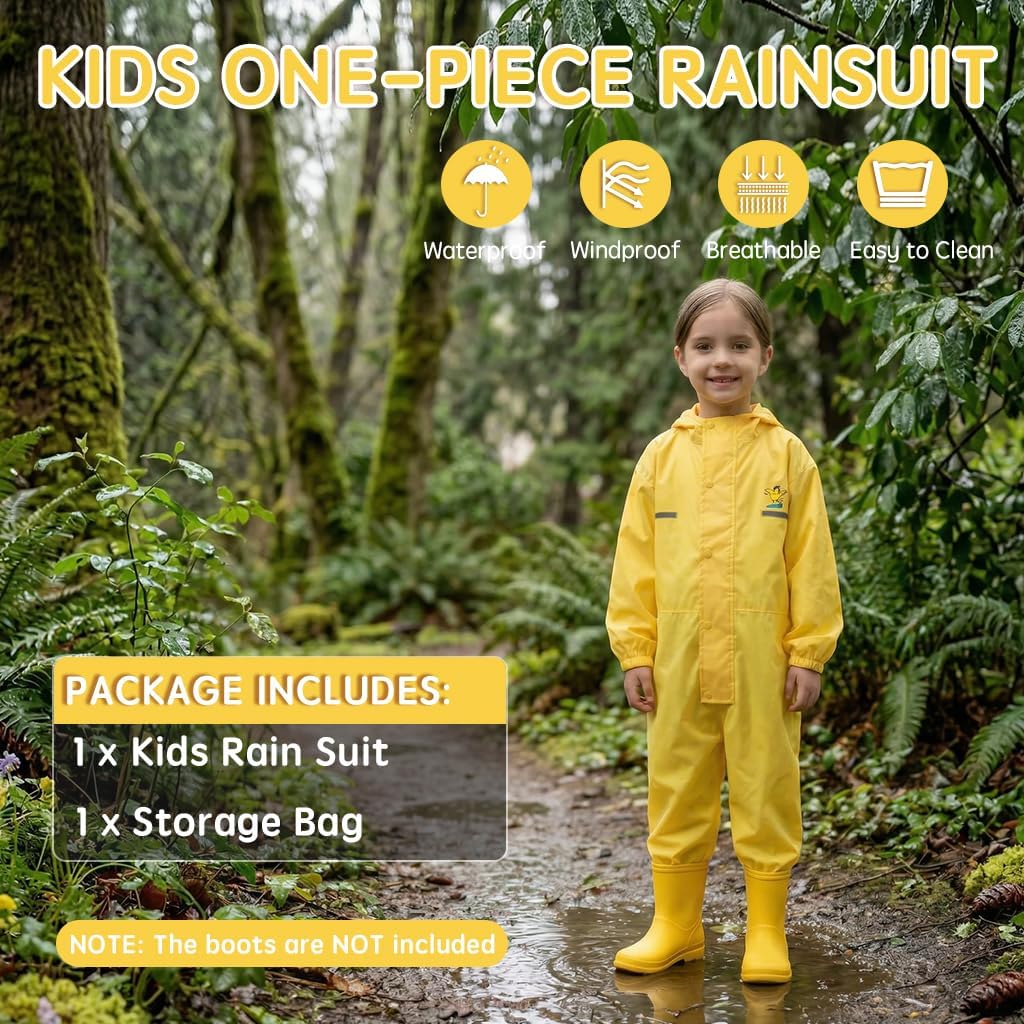 Toddler Rain Suit Waterproof Coverall One Piece Rain Suits Kids 2-12 Years