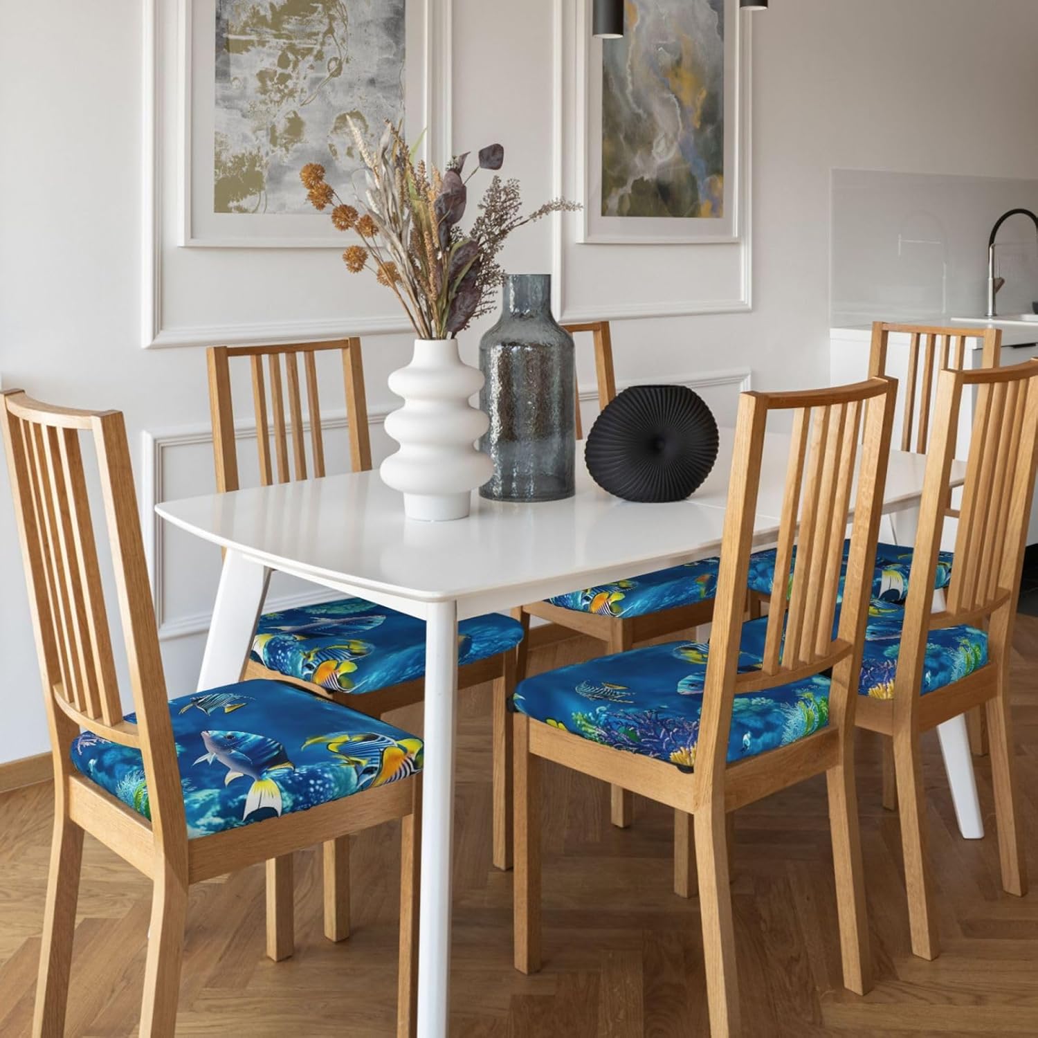 Blue Ocean Underwater Fish Print Square Cushion Covers 6 Pcs Set Elastic Non-Slip Seat Cushion Slipcovers Pet Furniture Protectors for Chair, Sofa