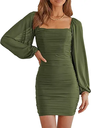 MASCOMODA Women Elegant Square Neck Lantern Long Sleeve Mini Ruched Bodycon Dress Stretch Mesh Slim Party Cocktail Dresses