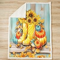Vista 2 de Manfei Manta de otoño con botas amarillas y hojas de calabaza, manta de cama para niños y niñas, manta de tablones de madera azul para sofá, manta