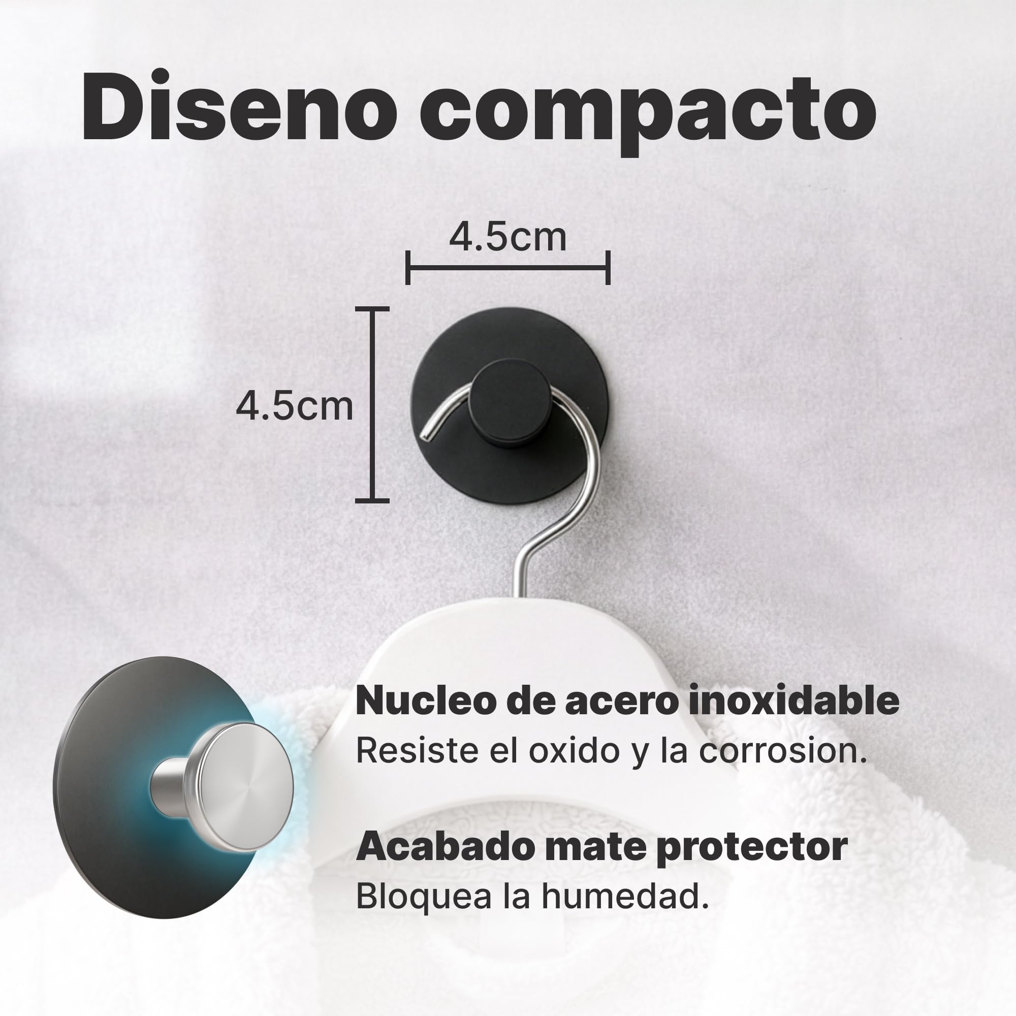 Minismus Ganchos Adhesivos para Pared, Colgadores Adhesivos Resistentes sin Taladro, Colgador Toalla Baño Cocina y Entrada, Ganchos para Colgar con Pomo Redondo, Acero Inoxidable Negro, 6 Unidades - 3