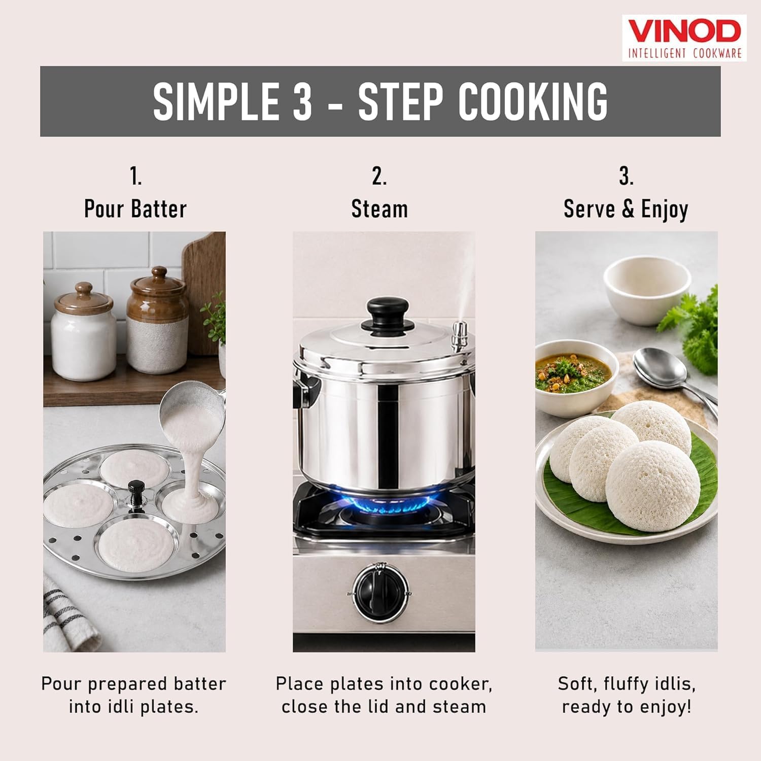 Vinod Professional Idli Stand – 4 Tier Stand – Makes up to 16 Idlis – Easy Cleaning – Stainless Steel Body - Suitable For Indian Cooking – Food Grade Idli Plates For Cooker, Electric Pot, Insta Pot