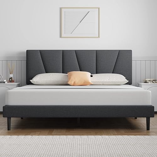 Molblly Base de cama Queen tapizada con cabecera y listones de madera fuertes fuerte capacidad de peso antideslizante y sin ruido no necesita somier