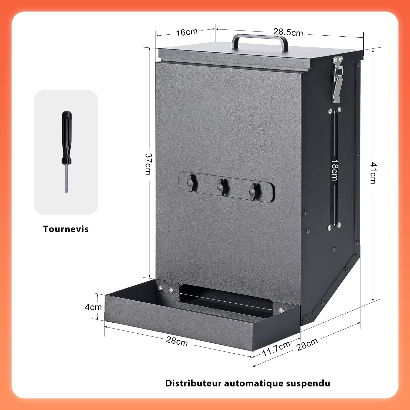 Distributeur Automatique de Nourriture pour Chien en Acier Galvanisé à Suspendre Distributeur de Nourriture pour Animal de Compagnie à Gravité Automatique Extérieur Grande Capacité de 16 L