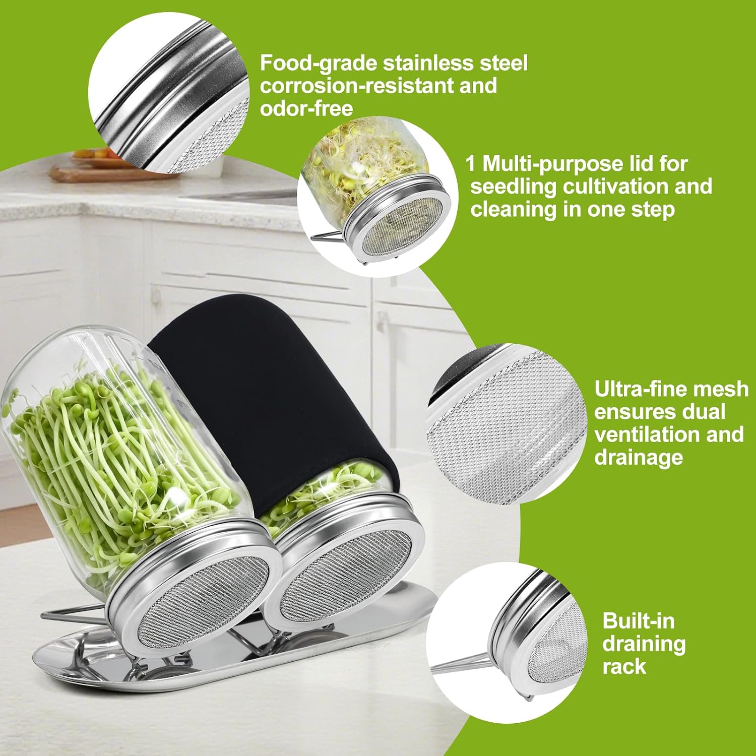 Uncle Yang Sprouting Lids Kit 2Pack Sprouting Lids for Wide Mouth Mason Jars with Stainless-Steel Sprouter Lids & Glass Mason Jars & Light-Blocking Sleeves for Broccoli, Alfalfa, Mung Bean