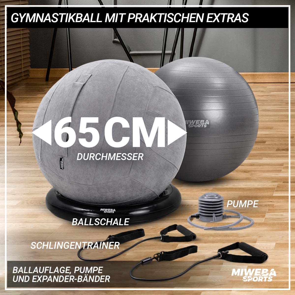 Miweba Sports Gymnastikball | 65 cm ∅ - Traglast 500 kg - Pilates Ball - Pezziball - 4in1 Set inkl Ballauflage - Bürostuhl - Sitzball - Balance Ball - Hüpfball - Pilatesball - Yoga - Schlingentrainer