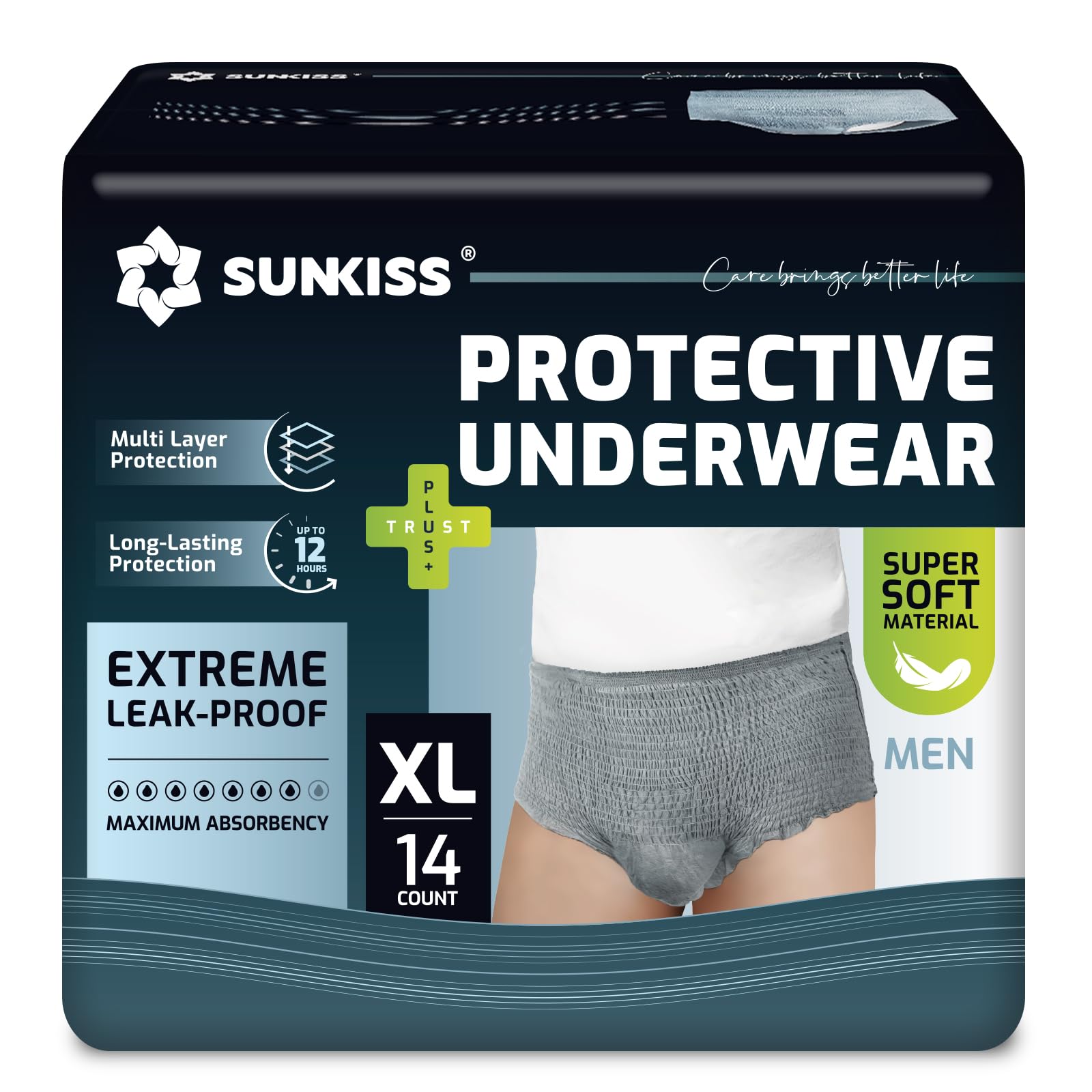 SUNKISS Sous-vêtements Incontinence Homme Slips Jetables Jour pour Adultes Culottes de Protection Masculines à Absorption Maxime Taille XL Gris 14 Unités