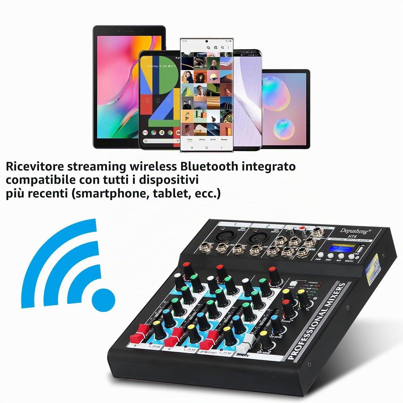 Depusheng HT4 Jack USB professionale a 4 canali Mixer audio portatile Bluetooth Live Studio Audio Console di missaggio audio DJ per registrazione su computer, bande