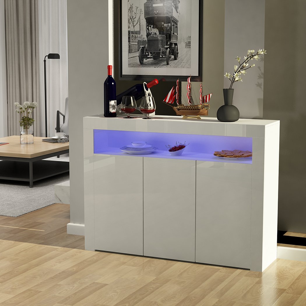 Tuff Concetps High Gloss Front Sideboard Storage Cabinet with Blue LED Lighting Living Room Dining Room Furniture Cupboard (130 * 35 * 95cm, White)