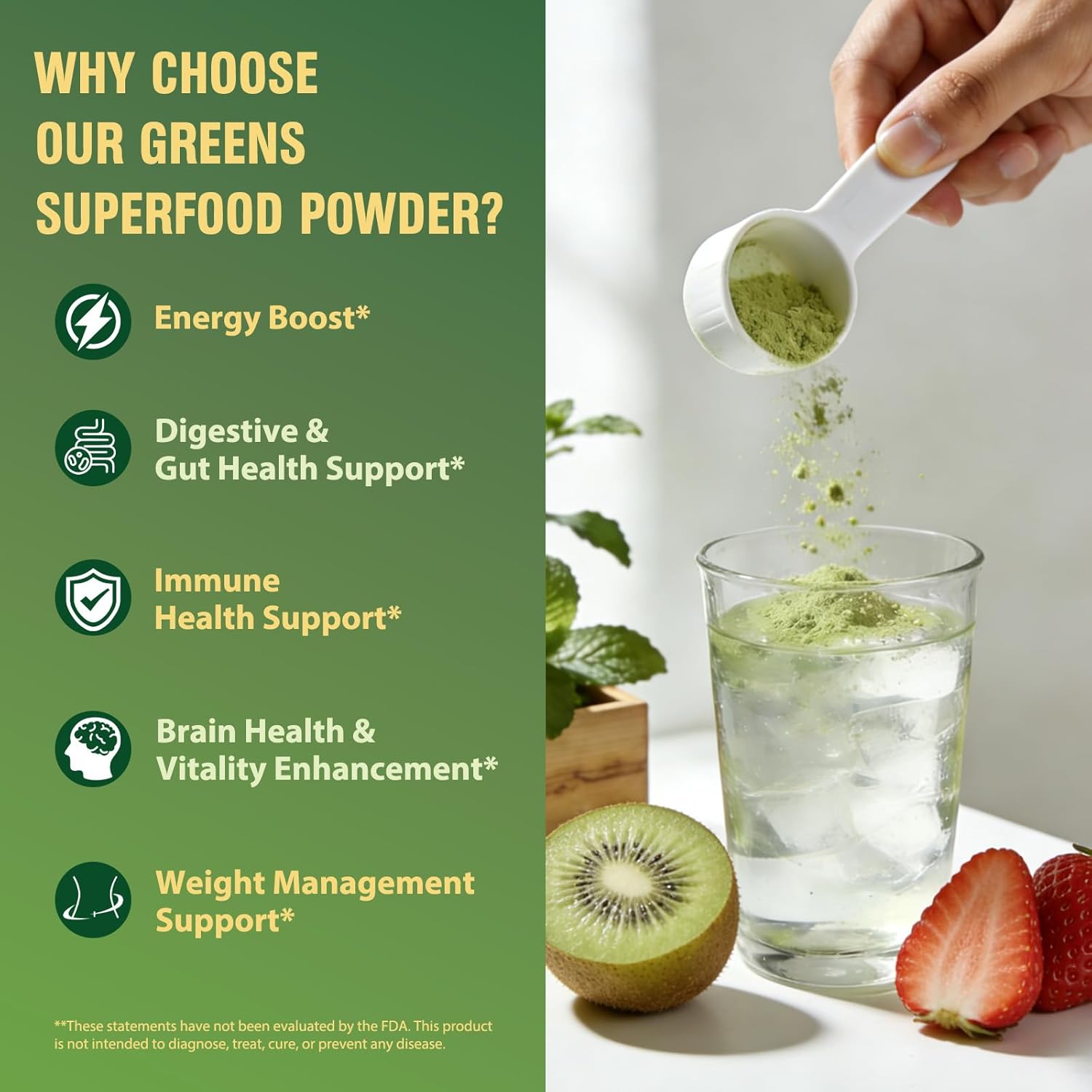 Super Greens Powder Superfood, Greens Juice Drink Mix with Spirulina, Chlorella, Adaptogens & Fiber, Digestive Enzymes, Pre + Probiotics Supplement for Women & Men Bloating & Gut Health, 30 Servings