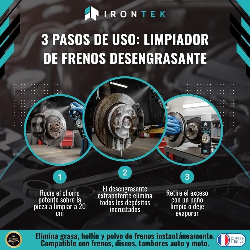 Limpiador Frenos Desengrasante - IRONTEK - 600 ml x12 | IT294 | Aerosol Profesional | Jet Potente | Secado Rápido | Elimina Grasa Hollín | Aerosol profesional, potente de secado rápido, elimina grasa hollín polvo, auto motocicleta, fabricado en Francia