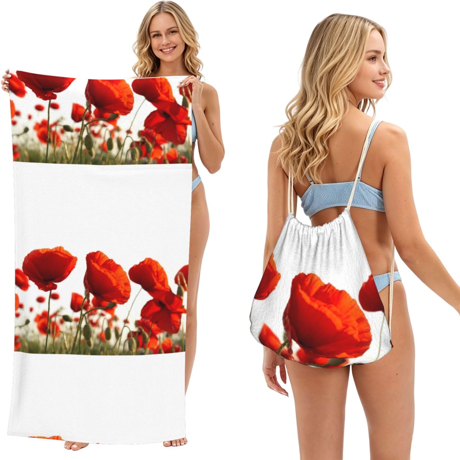 Poadnly As Picture Red Poppies, 2 In 1 Packable Towel Bag, Beach Towels With Drawstring Backpack For Travel Holiday Camping