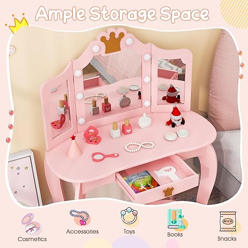 Miniatura 40 de Costzon Juego de mesa y silla para niños, tocador de maquillaje de princesa con cajón y espejo de tres pliegues, juego de tocador 2 en 1 con parte