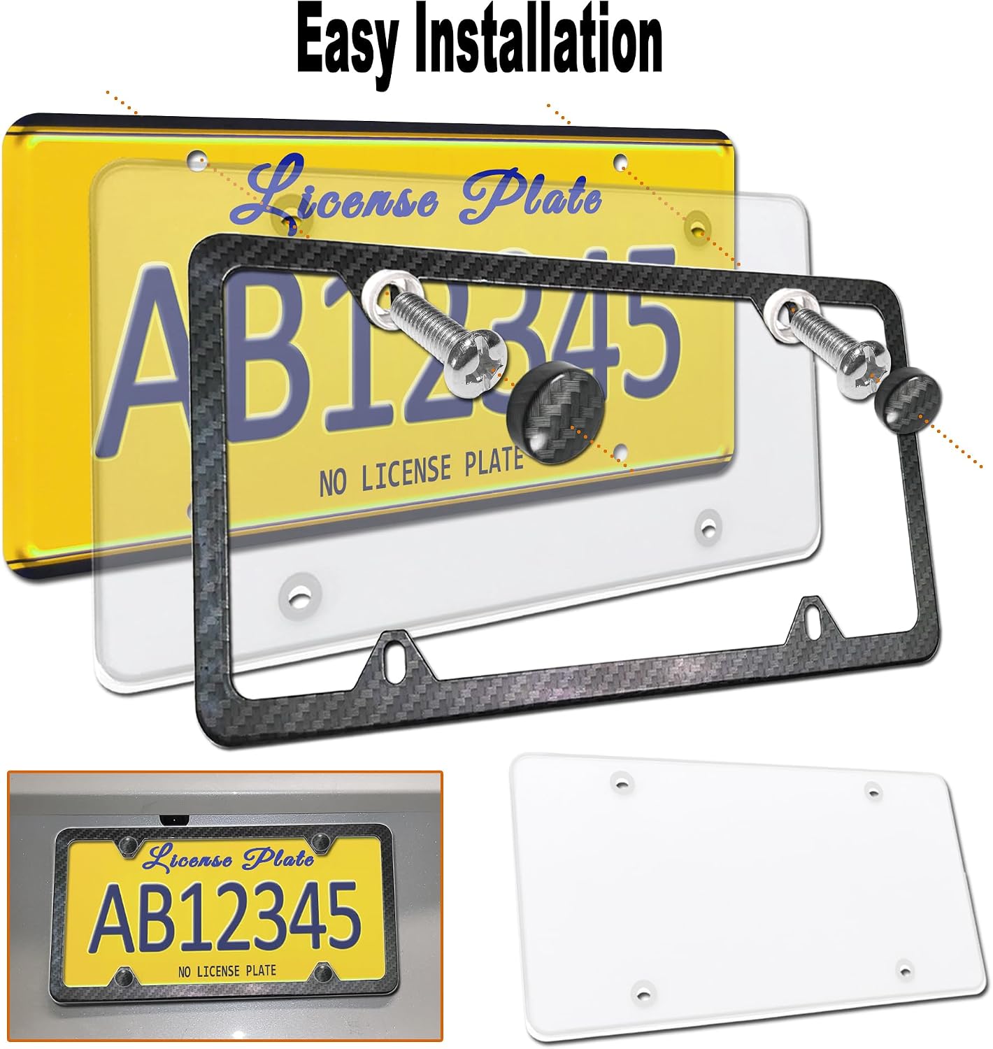 FBJTDQ License Plate Cover Frame Combo- Carbon Fiber License Plate Frame and Flat Clear Cover, Novelty Unbreakable Car Tag Protector for US Plate, with Rust Resistant Screws Caps, Rattle Proof Pads