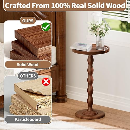 Miniatura 4 de Mesa auxiliar redonda pequeña, mesa auxiliar de madera maciza para sala de estar, moderna mesita de noche con pedestal, mesas esquineras vintage