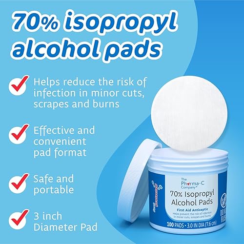 Miniatura 4 de The Pharma-C Company Almohadillas de alcohol isopropílico al 70% 100 unidades. Primeros auxilios - Toallitas antisépticas - Extra grandes - Alcohol
