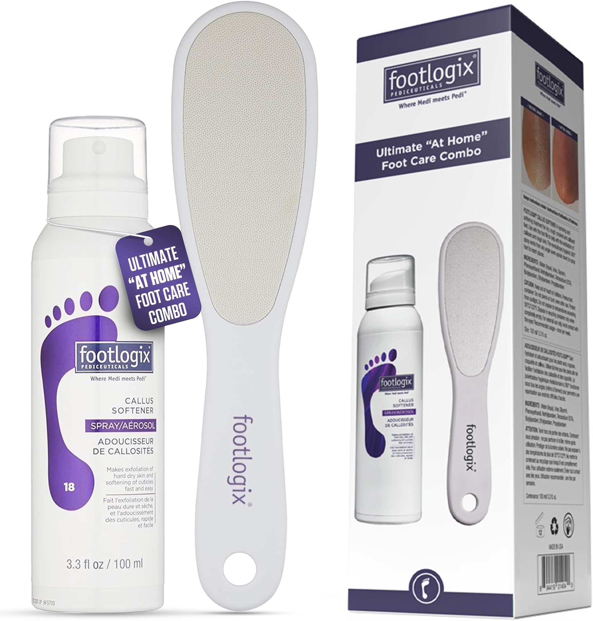 Foot Care Callus Softener Combo - Callus Remover Spray & Double-Sided Foot File for Dry, Cracked Heels, Pedicure Tools for Feet, Foot Exfoliator