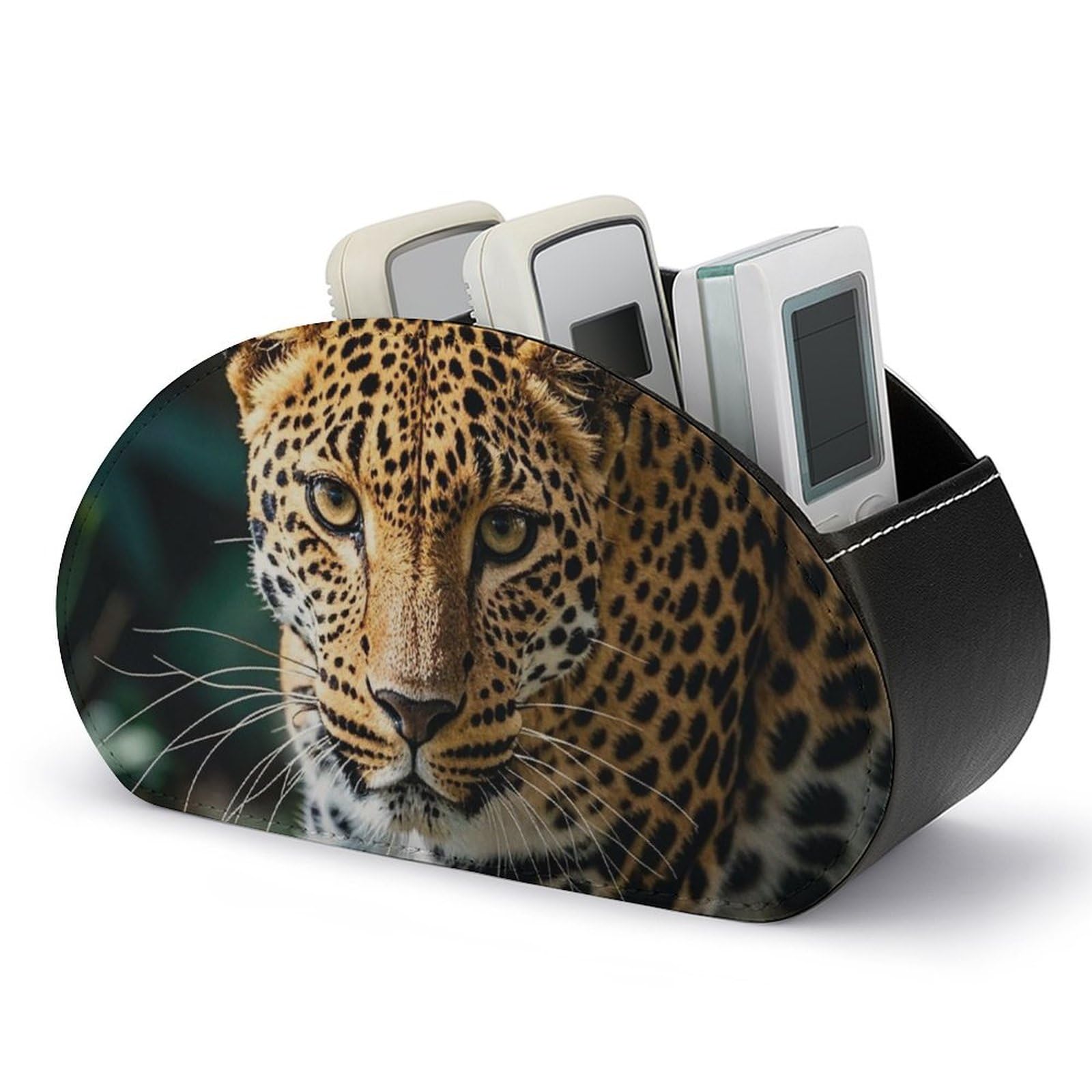 Leather Remote Control Holder with 5 Compartments TV Remote Holder Controller Holder Remote Organizer Leopard Print African Jungle Animals Caddy Storage Box for Table Remote Box for Nightstand Bedside
