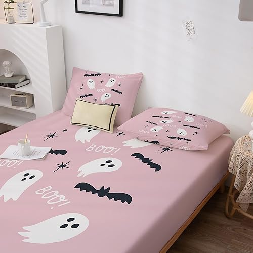 Miniatura 138 de Sábanas de Halloween tamaño individual – Juego de sábanas espeluznantes de calabaza murciélago para niños y niñas, juego de sábanas temáticas