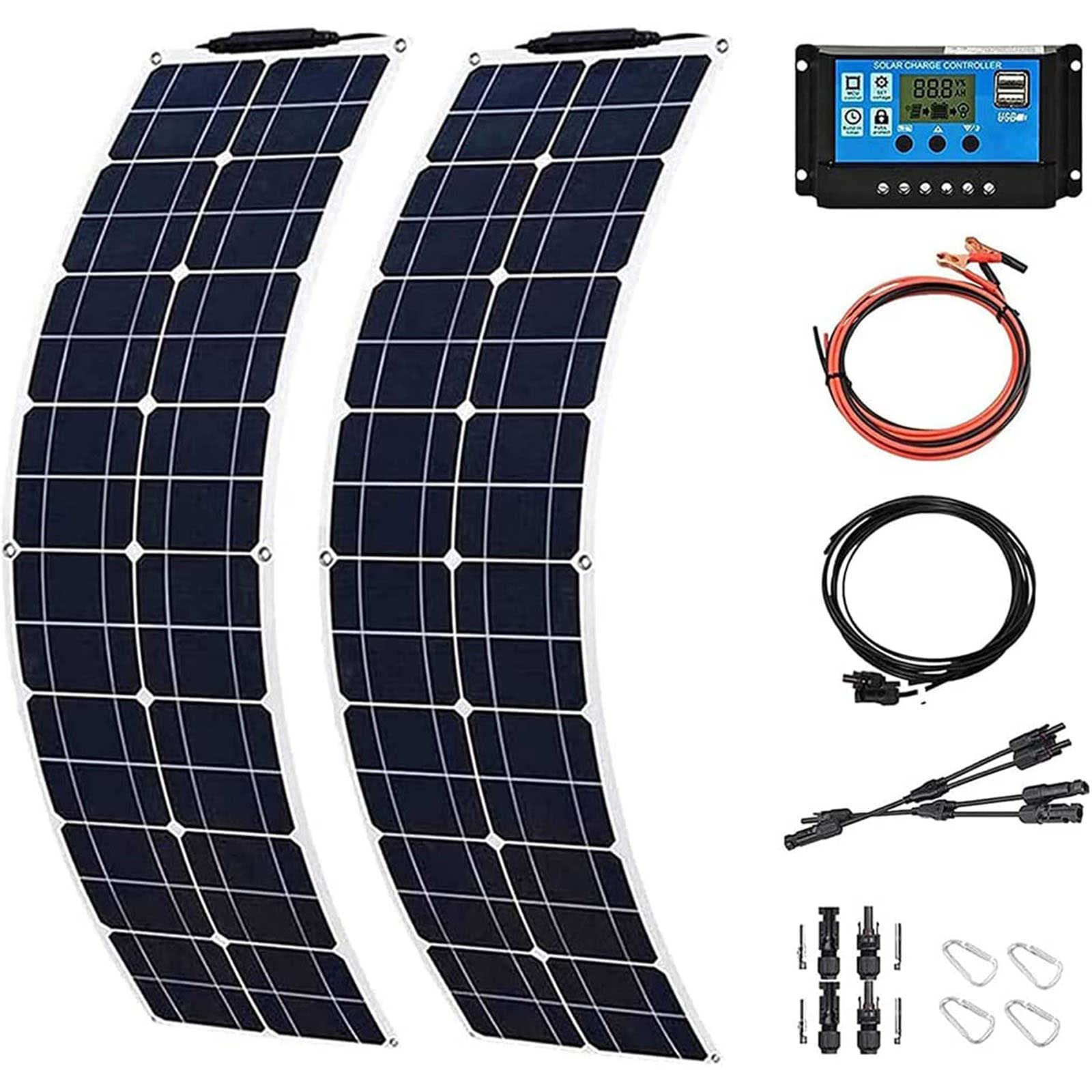 Kit de Panel Solar - Sistema de Energa Solar Mdulo Solar Monocristalino Mono Panel - Controlador de Carga de la Batera Solar y Cable Solar para Autocaravana RV Barco Camping
