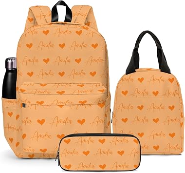 Custom Backpack for Girls Boys, Lightweight Backpack Set with Optional Lunch Bag Pencil Case, Personalized Schoolbag with Name 10-12, Back to School, Optional Reflective, Heart - Sunshine