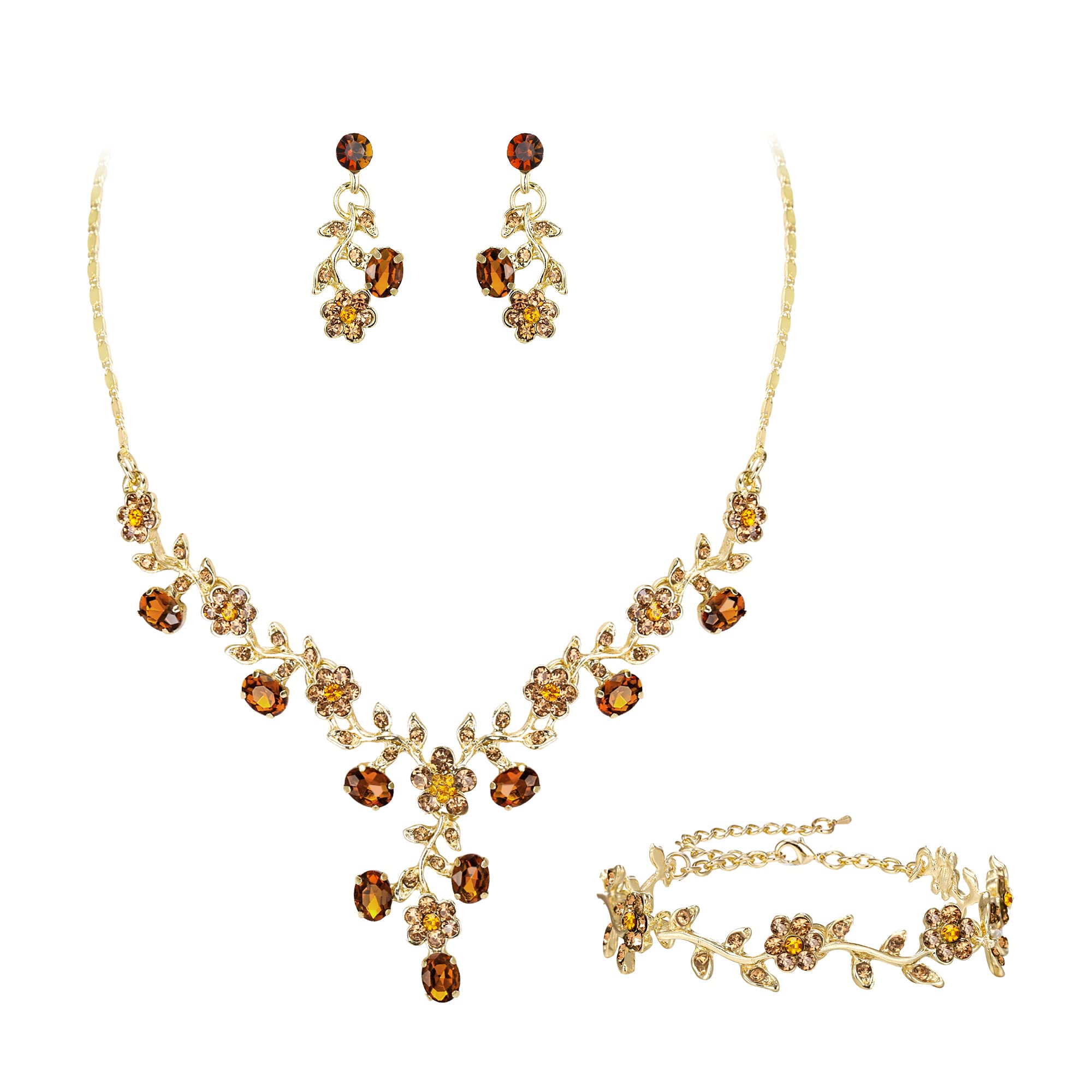Parure De Bijoux Femme EVER FAITH - Colliers, Boucles D'oreilles, Bracelet Cristal Marron/or, Style Feuille élégant