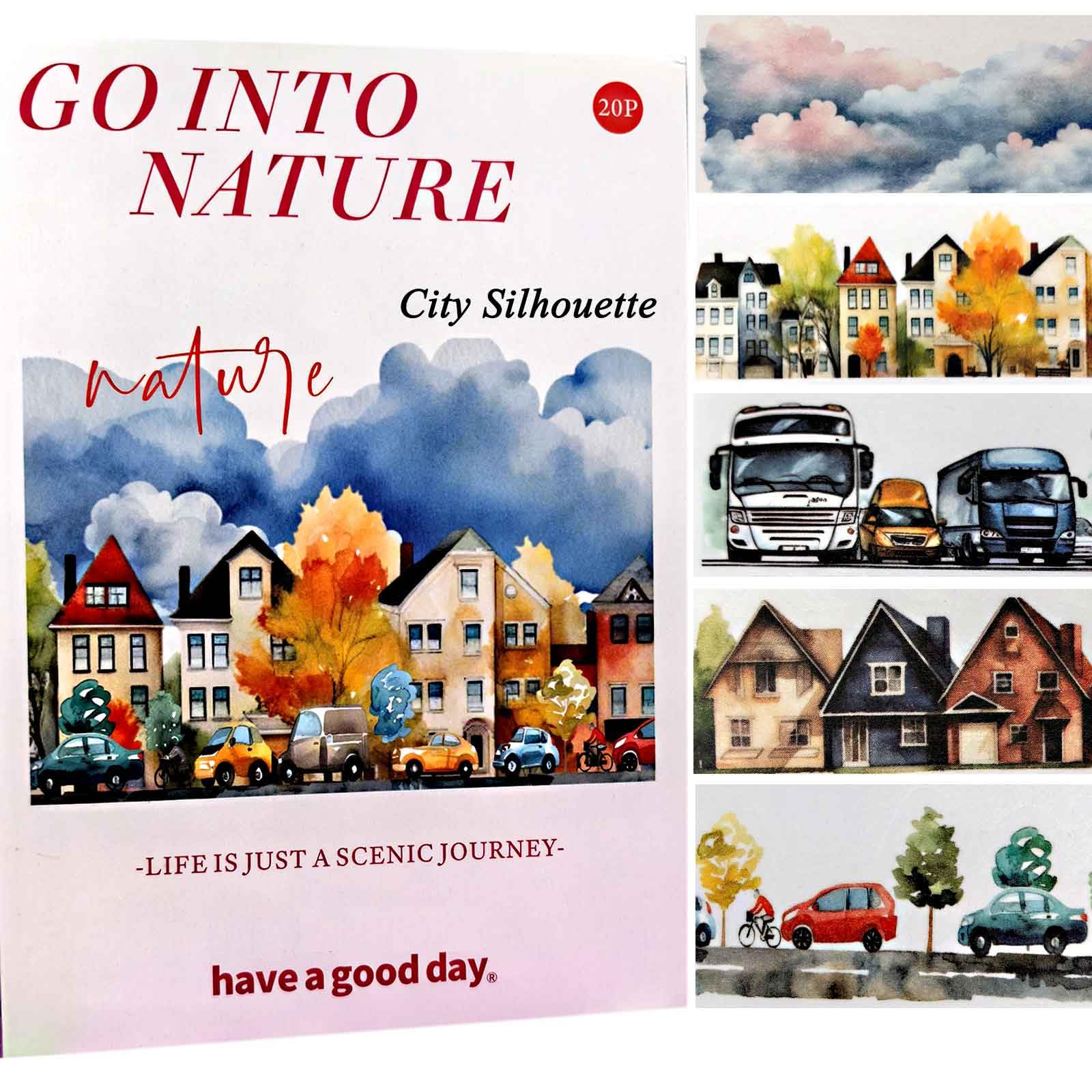 Vilikya 20 Sheets Landscape and City Scrapbook Stickers, Die-Cut PET and Washi Sticker Book for Journaling Supplies, Aesthetic Pre-Cut Car Building Ephemera for Junk Journal, Bujo