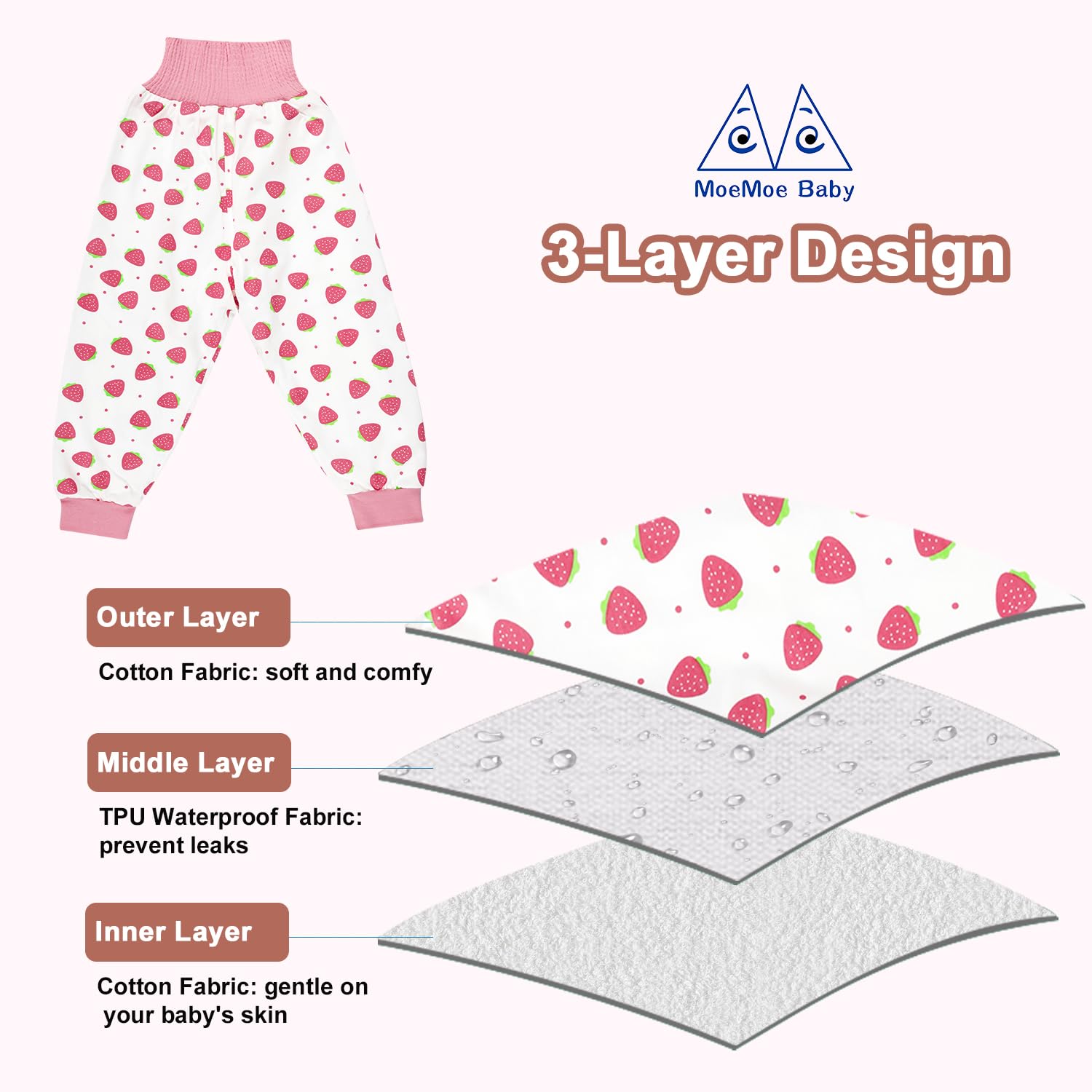 MOEMOE BABY Pantalon Propreté Enfant Nuit,Jupe Apprentissage Propreté,Pantalons de Couche, Jupe de Couche Imperméable,Pantalon Impermeable Enfant Garçon Fille,7-9 Ans,Lot de 2,Rose,XL