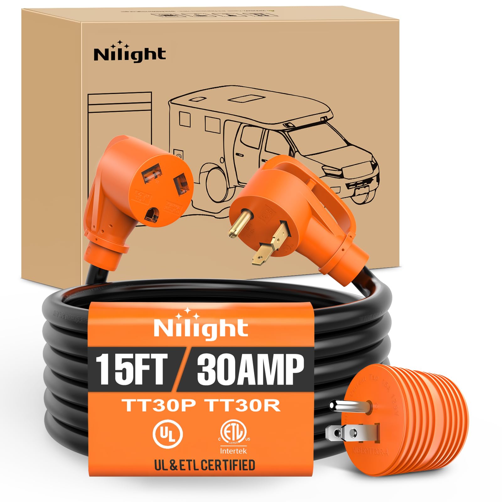 Nilight 15FT 30 Amp RV Extension Cord with Adapter 10/3 Gauge TT-30P