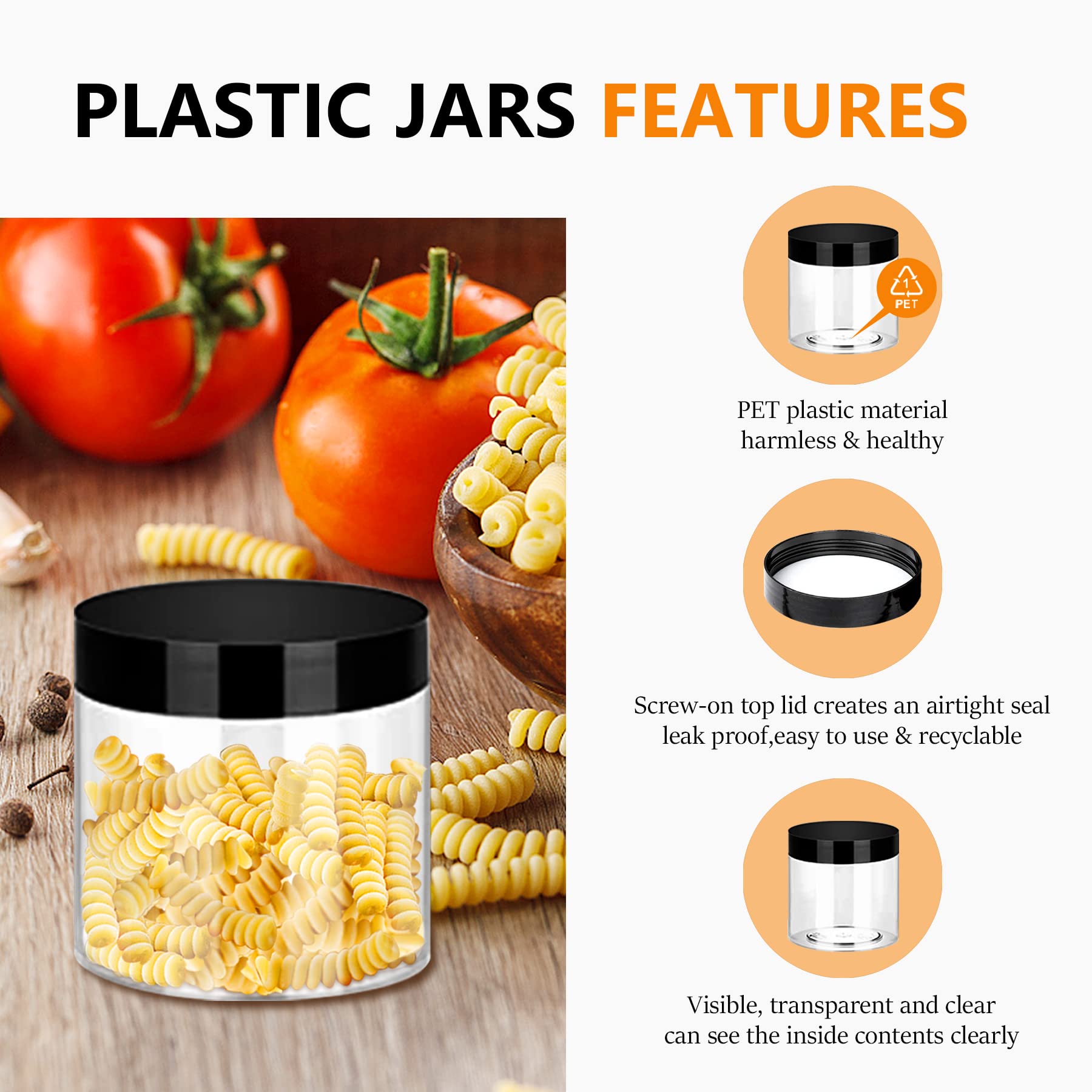Barattoli di plastica da 6 once con coperchio nero, 40 barattoli vuoti di plastica rotondi ricaricabili trasparenti per melma barattoli ermetici in plastica per conservare i viaggi, casa, cucina,