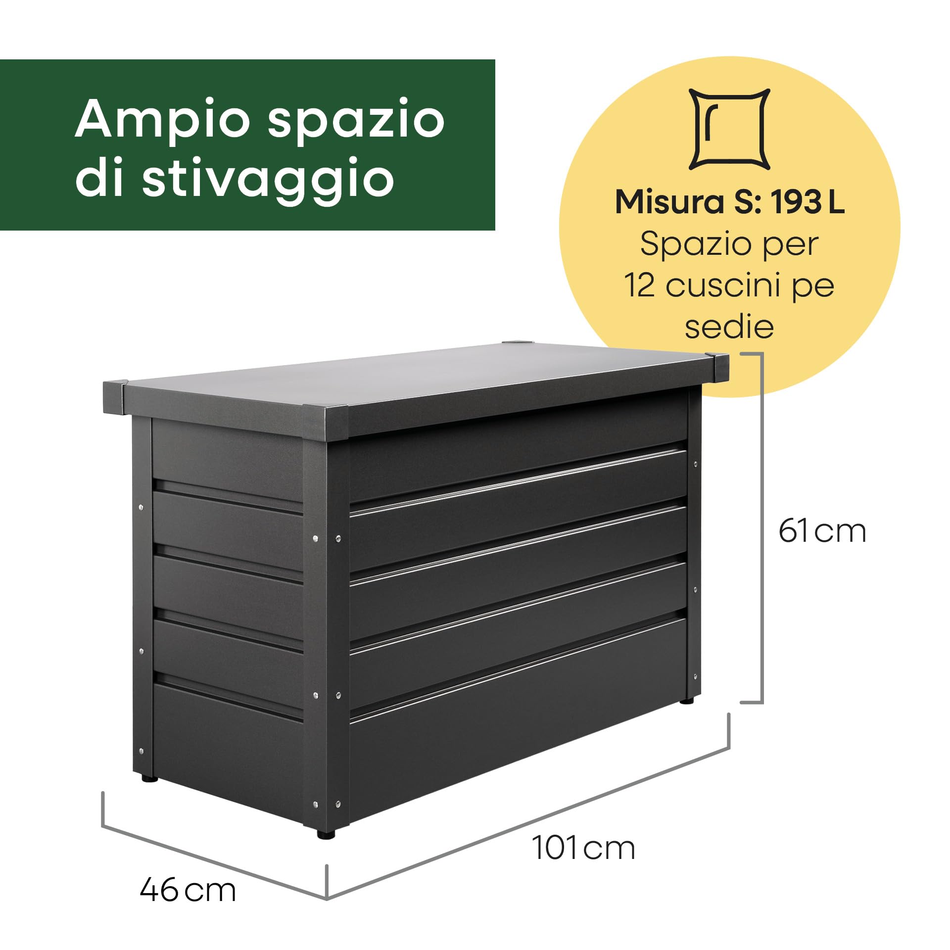 Sunny Garden baule da giardino Premium | 92 x 37,5 x 56 cm | 193 Litri | S | baule da esterno impermeabile | cassapanca contenitore da esterno | in metallo | Antracite | Coperchio con pistone a gas