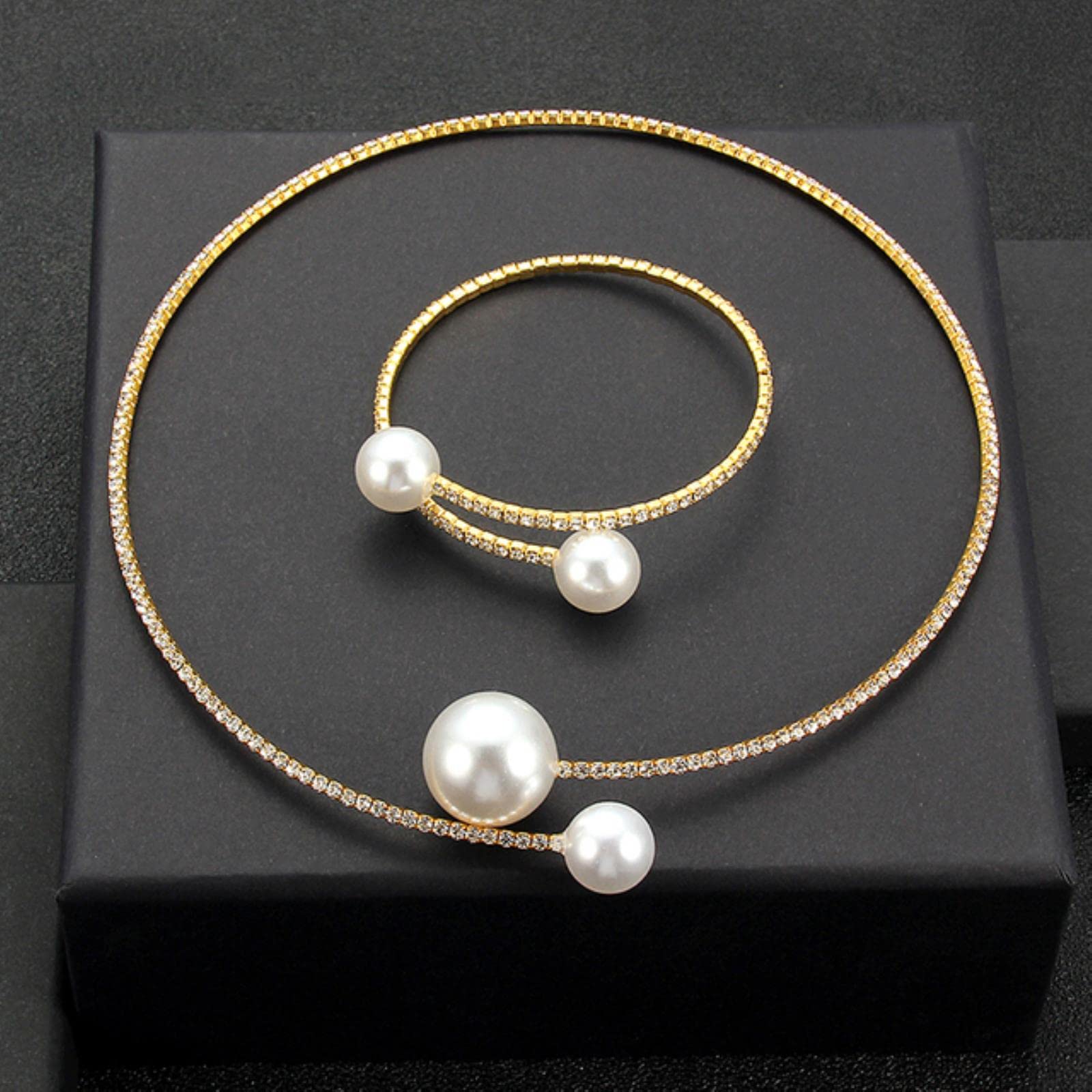 Lmjnl Women's Gold Rhinestone Choker Necklaces Statement Jewelry Girl Imitation Pearls Necklace 5 Styles Gift