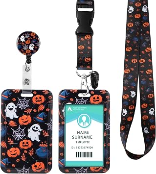 ID Badge Holder with Lanyard Halloween Decoration Gifts, Retractable Badge Holders Reels with Lanyards Adjustable, for Women Kids Teacher Nurses Doctor Student