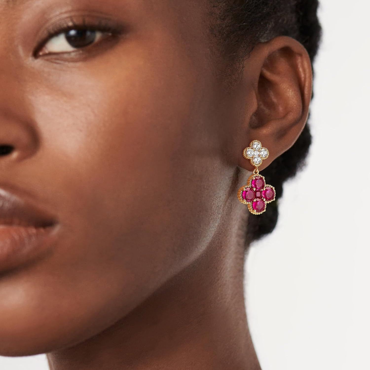 14K Gold Plated Double Plum Blossom Dangle Birthstone Four Leaf Clover Stud Earrings for Women, Hypoallergenic Drop Trendy Dainty Gold Earrings Birthday Gifts - Image 6