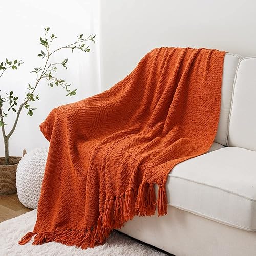 Miniatura 3 de BATTILO HOME Manta naranja quemada para sofá, manta tejida de decoración de otoño versátil para silla, manta decorativa de Halloween con borlas para