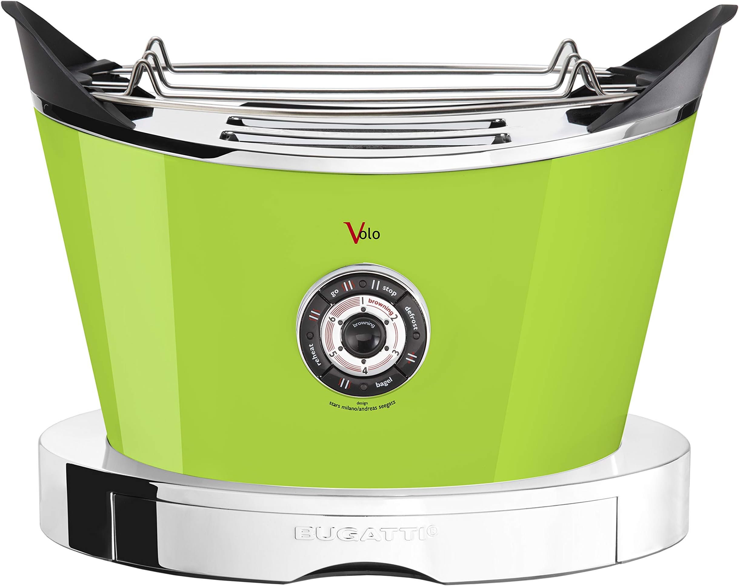 BUGATTI, Volo, Electric Toaster, 4 Functions, 6 Toasting Levels, Innovative Design, Stainless Steel Body, Power 930 W, Pliers/Sandwich Cages not Included (Green)