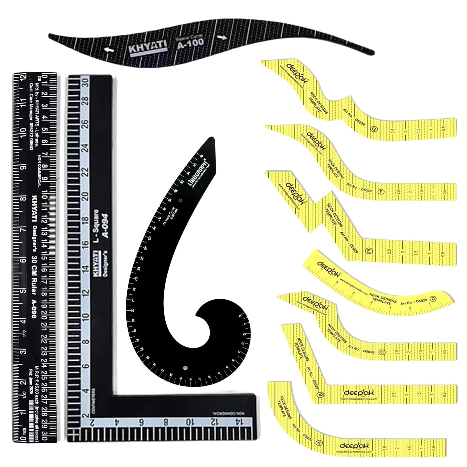Prabhas Designs 7 Neck Pattern with Arm hole scale, 30cm L Square, Straight Scale and French curve (All Black) Combo (5 pcs). Used in fashion design, tailoring, and sewing for creating patterns-image-35