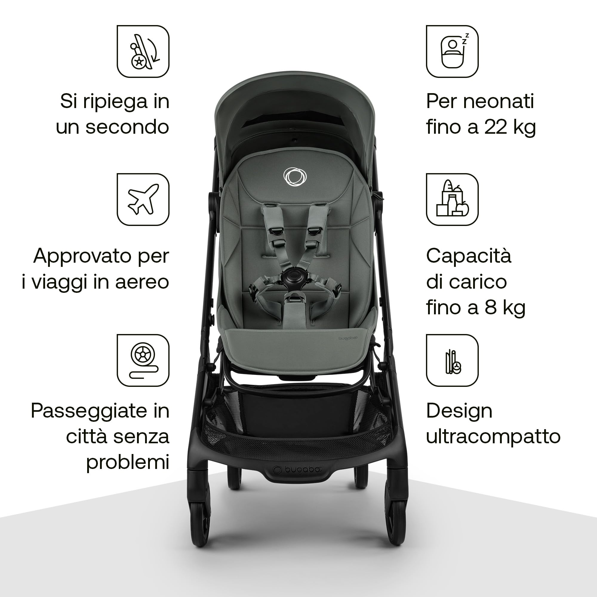 Bugaboo Butterfly 2 Passeggino Leggero da Viaggio Dimensioni Cabina, Portatile, Piegabile con Una Mano, Seduta Reclinabile, Cestino Portaoggetti, Tracolla - Forest Green